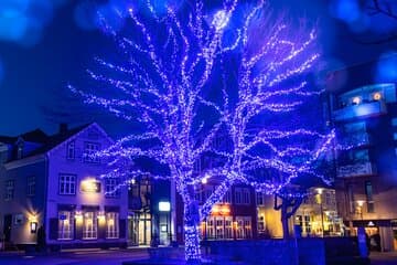 The festively lit streets of downtown Reykjavik in the winter