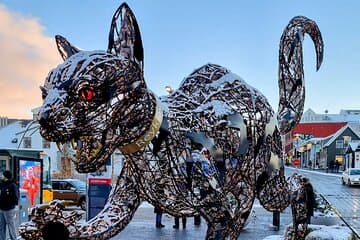 The Christmas Cat is in downtown Reykjavik in December