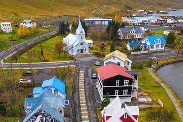 The charming town of Seyðisfjörður from the air.