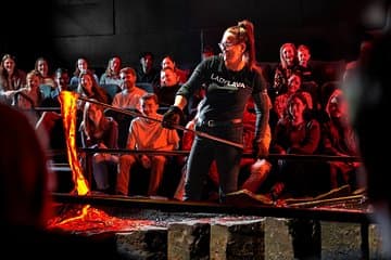 Feel the heat as our Lava Master lifts glowing lava with an iron rod — a one-of-a-kind experience found only in Iceland.
